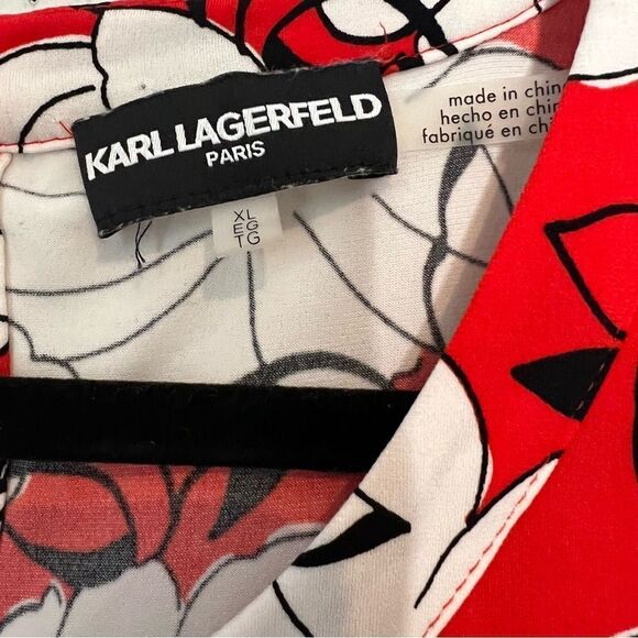 Karl Lagerfeld Short Sleeve Black Red White Floral Print Pleated Bow Front Top - Picture 5 of 5